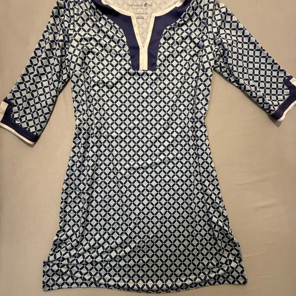 Caribbean Joe Dress Women's Large Blue White Geometric Print Tunic 3/4 Sleeve - Picture 6 of 8